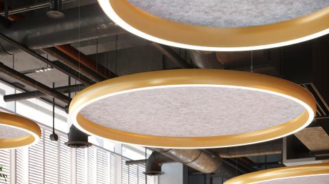 <p>CLOSE UP OF GOLD METALLIC FIXTURE WITH GRAY ACOUSTIC PANEL</p>