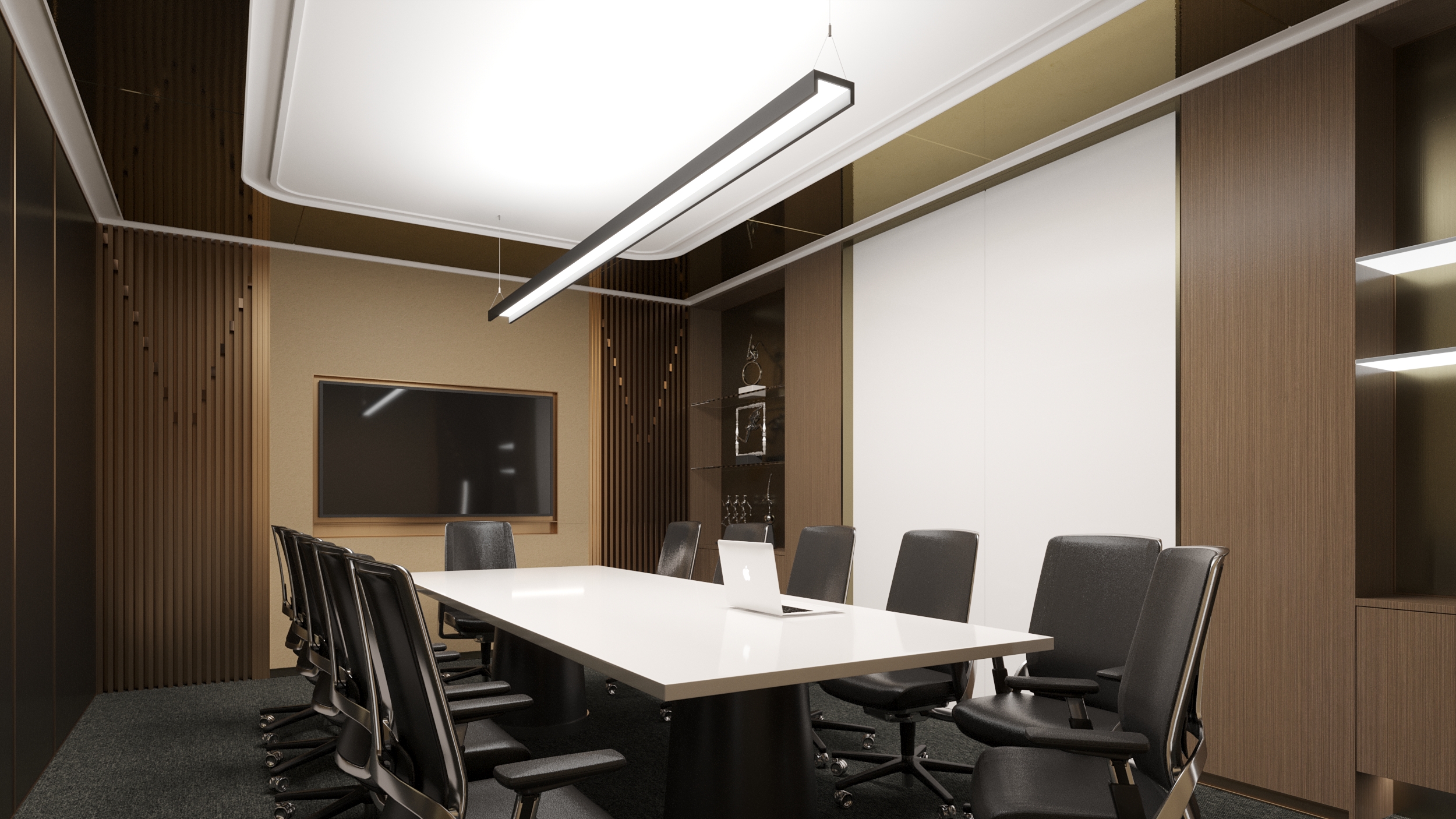A boardroom with the Bridge fixture above the boardroom table