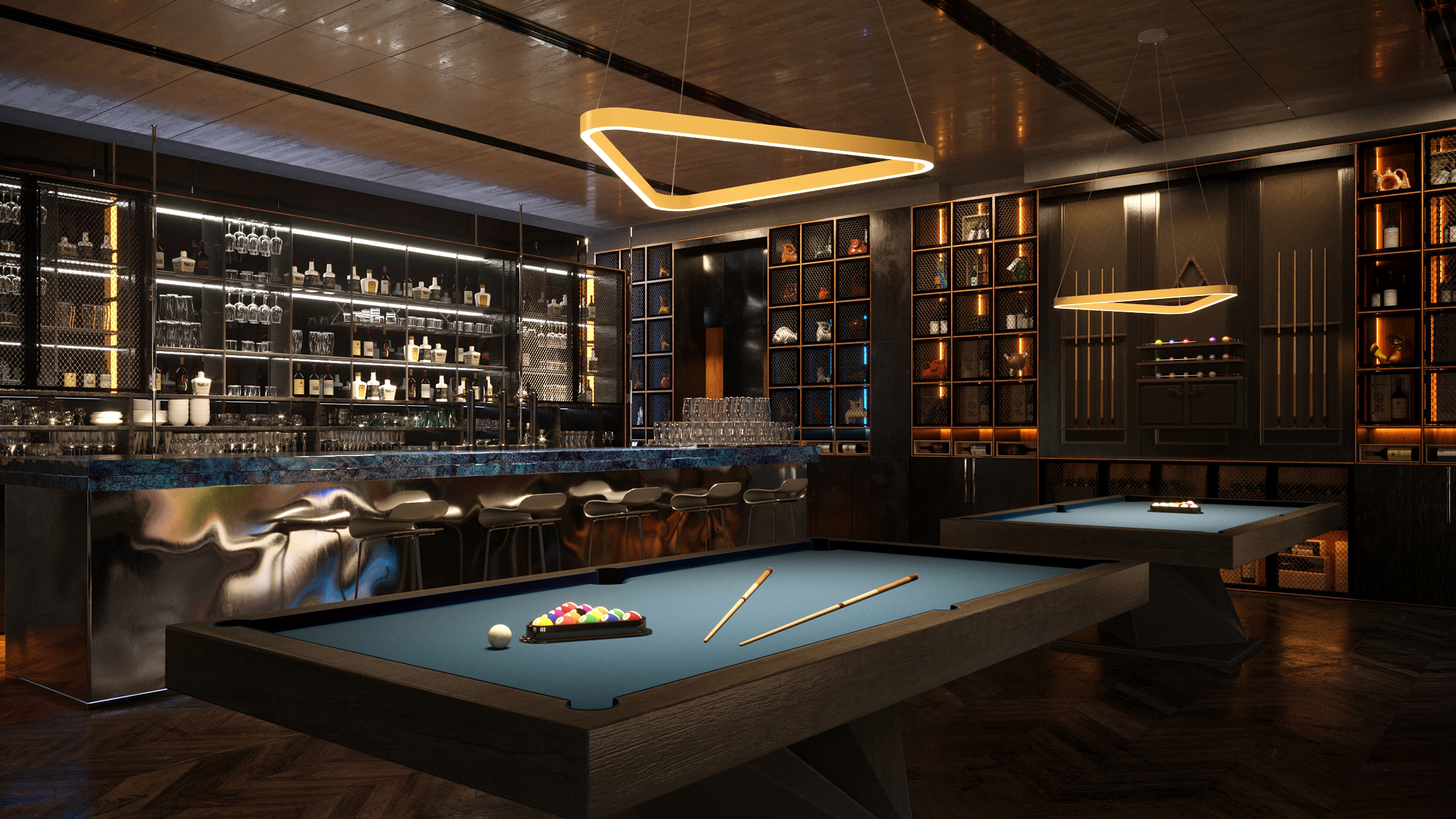 A room with a billiards table and the Felix light fixture above it