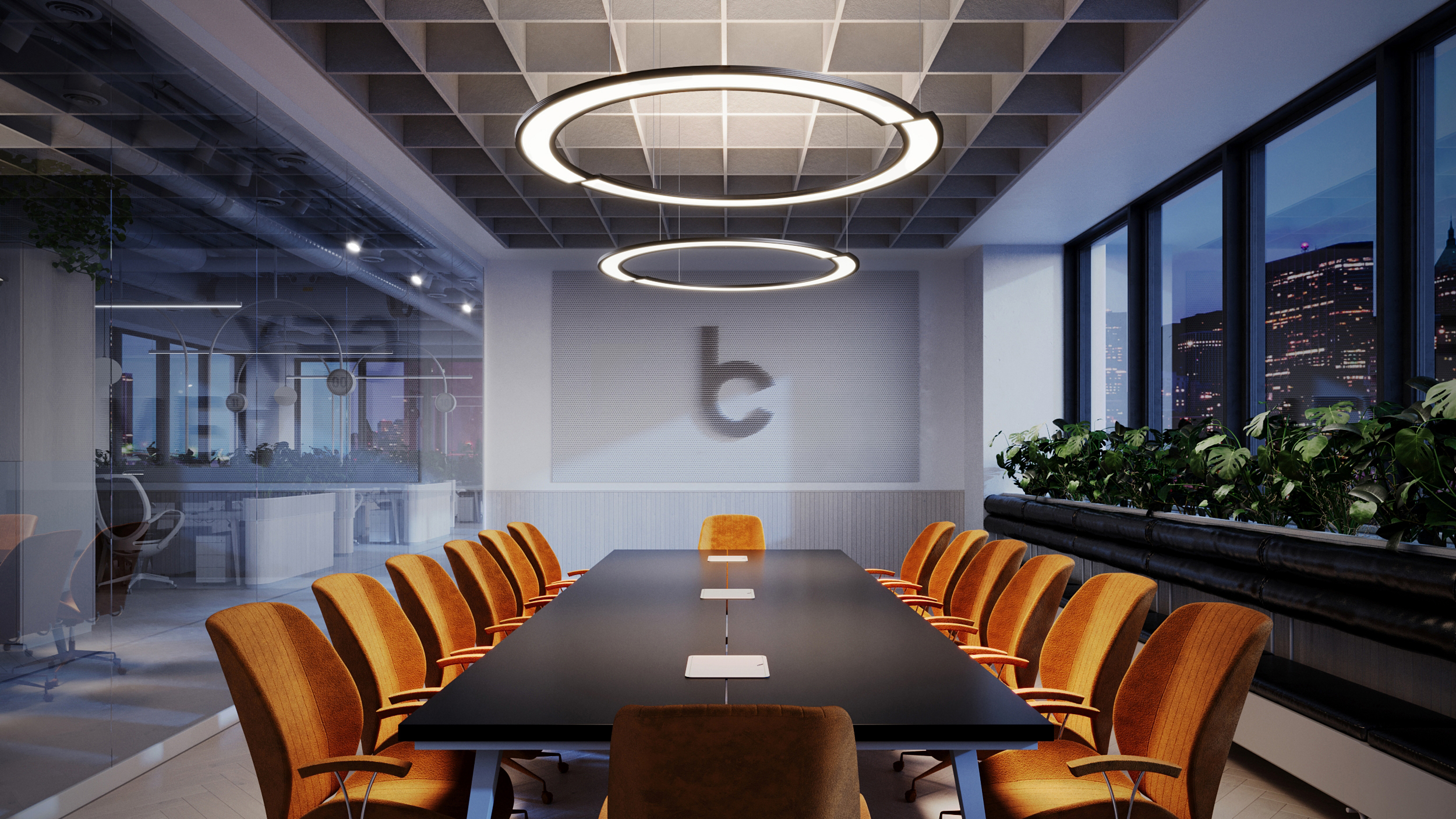 A conference room with the LGP fixture above the conference table